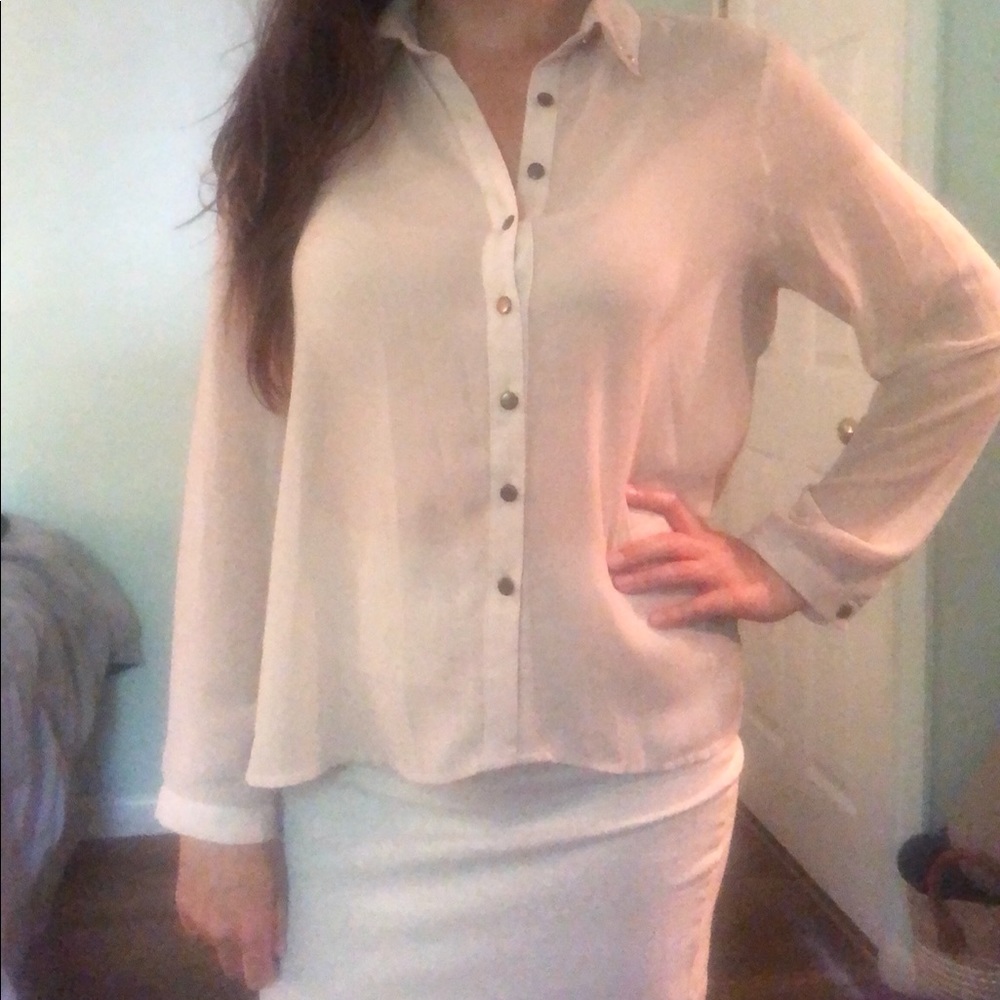 Nude beige blouse- open back detail, button down